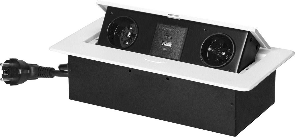 Multipresa da tavolo Orno - ciabatta pop up con 2 prese, USB A C - spina di distribuzione integrata con finitura in acciaio inossidabile - scatola di distribuzione con cavo da 1,5 metri - per max. 3680 watt - pin terra - bianco