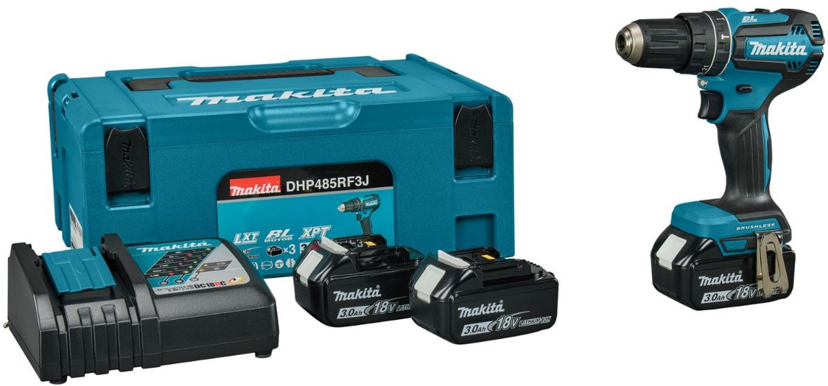 Taladro percutor a batería makita dhp485rf3j 18v 3x 3.0ah en mbox