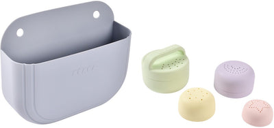 Set de juguetes de baño Béaba - 4 piezas + cesta almacenaje - silicona - a partir de 1 año - para el baño - ventosas