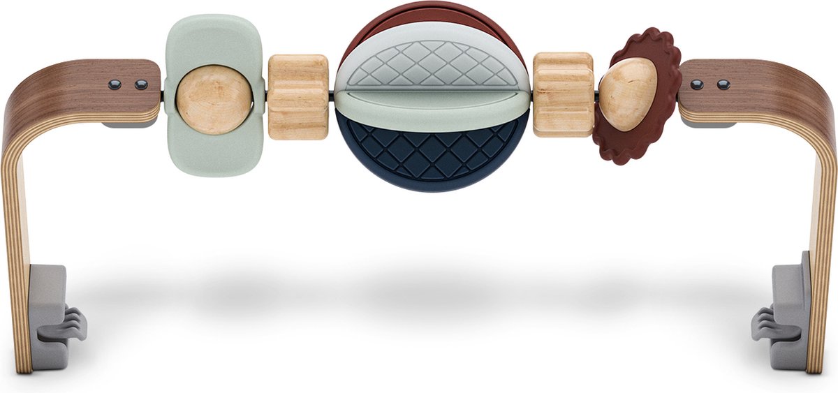 Uppababy - speelboog wonder wheel voor mira - wipstoel - walnoot houten beugel met kleurrijke houten vormen met textuur