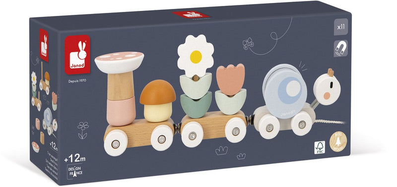 Janod sweet capullo - houten slakken trein - 2-en-1 bouw-en-trek educatief speelgoed - ontdek vormen y kleuren - ideal para ontwikkeling van de motoriek van de allerkleinsten - geschikt vanaf 1 jaar