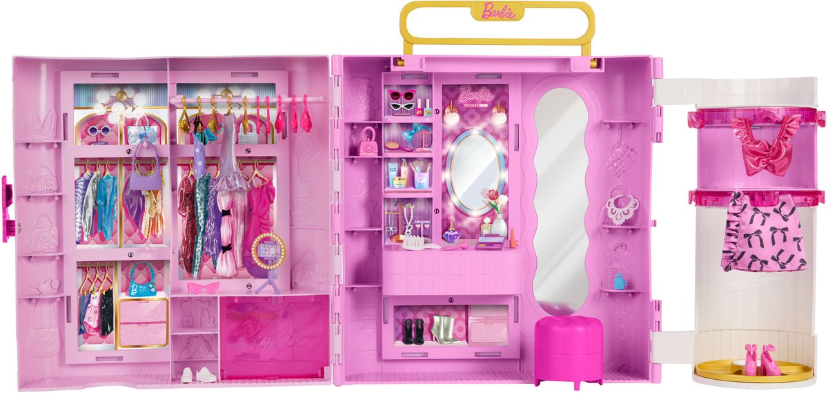 Armadio Barbie con funzione spin style: toletta, pouf, 4 abiti, oltre 20 pezzi e spazio portatile