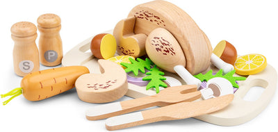 Set di giocattoli Woet ® "pollo arrosto" in legno con verdure - incluso vassoio, posate e sale pepe - FSC - cibo giocattolo - giochi di ruolo da cucina - da 2 anni