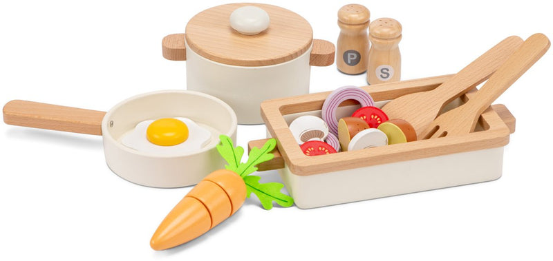 Set di padelle in legno Woet ® con teglia bianca - set da 20 pezzi con verdure e utensili da cucina - set da cucina giocattolo - accessori da cucina giocattolo per bambini - giocattoli da cucina per giochi di ruolo - da 24 mesi