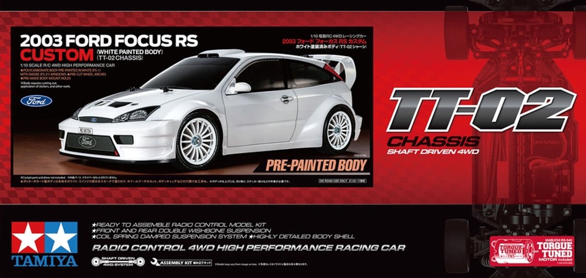 Tamiya modelbouwpakket auto - 47495 rc ford focus rs custom tt-02 - gelakte carrosserie rc plastic - 1:10 - modelbouw