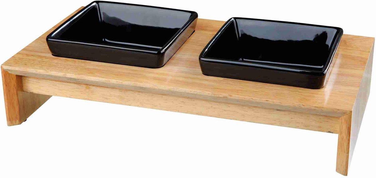 Ceramica set di mangimi per trixie con base in legno nero
