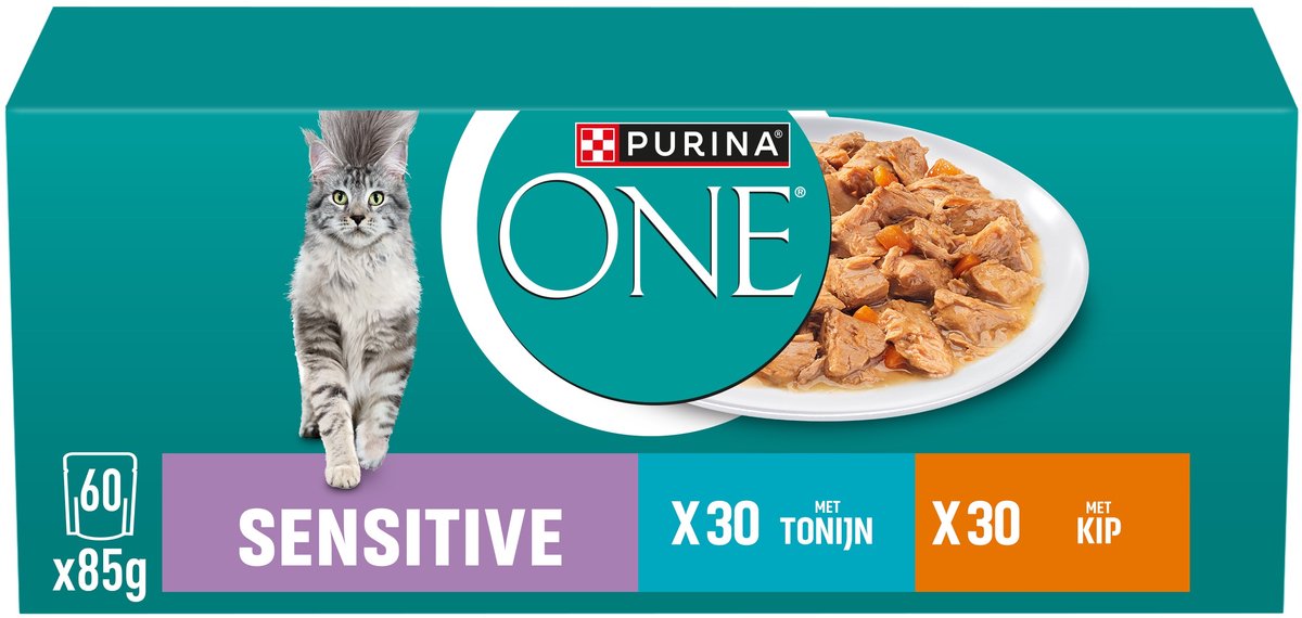 Purina one purina® one® sensitive - comida húmeda para gatos - pollo con atún - 60 x 85 g