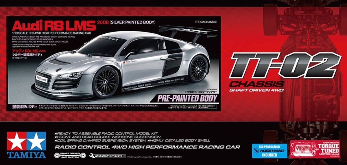 Tamiya modelbouwpakket auto - 47517 rc auto - audi r8 lms 2008 - tt02 - zilvergelakte carrosserie rc plastic - 1:10 - modelbouw
