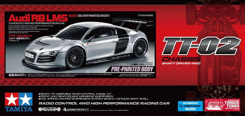 Tamiya model kit car - 47517 rc car - audi r8 lms 2008 - tt02 - carrocería pintada de plata rc plastic - 1:10 - fabricación de modelos