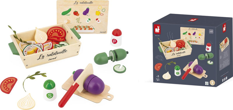 Janod en la cocina - set ratatouille - ¡es hora de ponerse el delantal con este set de 32 accesorios! - sigue la receta y elabora un pisto digno de un chef - se suministra con tabla de cortar y fuente de horno de madera - apto a partir de 3 años