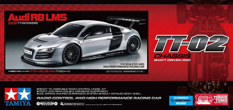 Tamiya model kit car - 58749 rc car - audi r8 lms 2008 - tt-02 rc plastic - 1:10 - fabricación de modelos