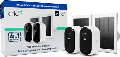 Telecamera di sicurezza esterna wireless Arlo Essential 2K e pannelli solari - 2 telecamere 2 pannelli solari
