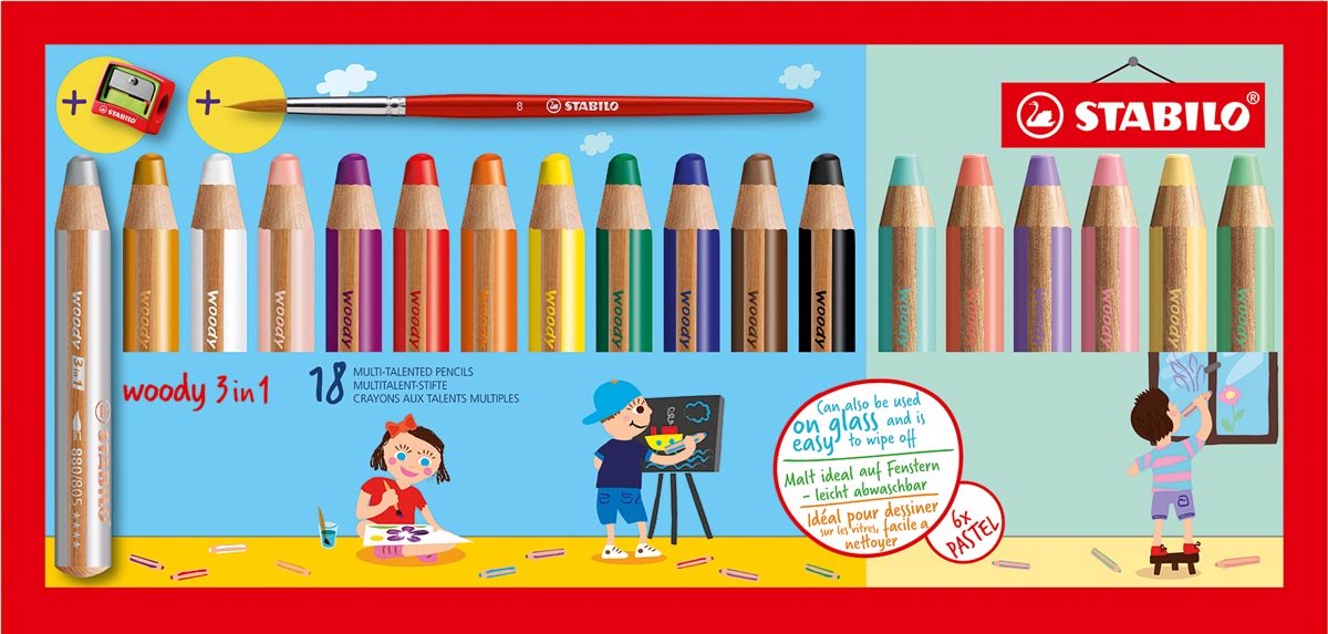 Stabilo Woody 3 in 1 - matita multitalento - astuccio con 18 colori + temperamatite