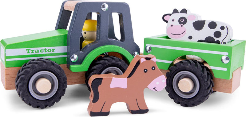 Tractor de madera Woet ® con remolque - incluye 2 animales de granja - verde - vehículo de juguete educativo - juguetes para juegos de rol - a partir de 18 meses
