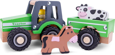 Trattore in legno Woet ® con rimorchio - inclusi 2 animali da fattoria - verde - veicolo giocattolo educativo - giochi di ruolo - da 18 mesi