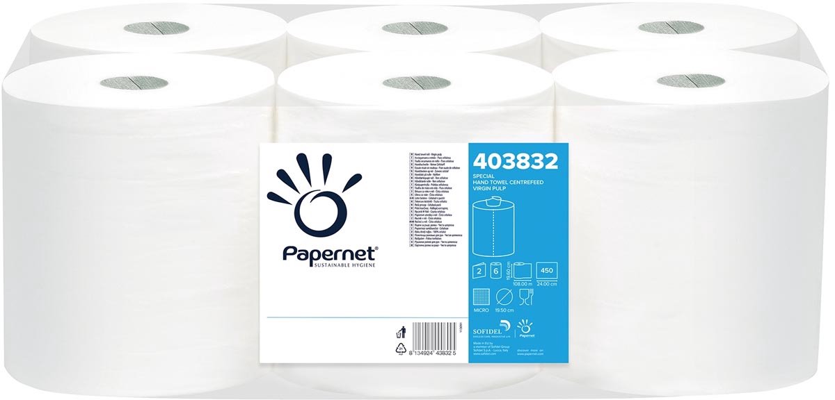 Papernet papieren handdoeken maxi centerfeed | 2-laags | 108 m | 450 vel | pak van 6 rollen