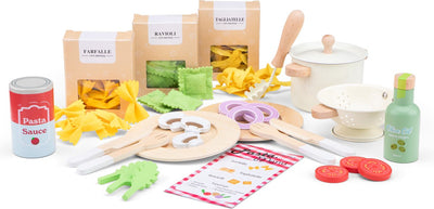 Woet ® juego de pasta de juguete de madera - juego de juguetes 'haz tu propia pasta' - fsc - incluye ravioles, tallarines y salsa farfalle - comida de juguete - juego de cocina para juegos de rol - a partir de 3 años