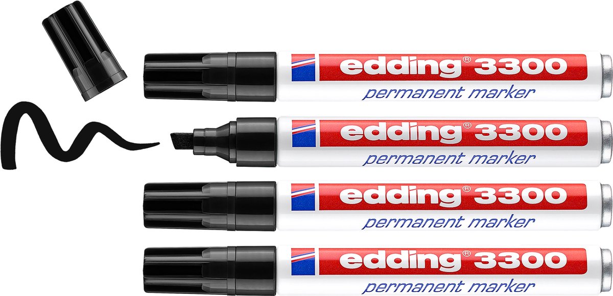 Pennarello indelebile Edding 3300 - nero - 4 pennarelli - punta a scalpello 1-5 mm - resistente all'acqua e all'abrasione - per cartone, plastica, legno, metallo, ecc. - pennarelli ad alcool per adulti