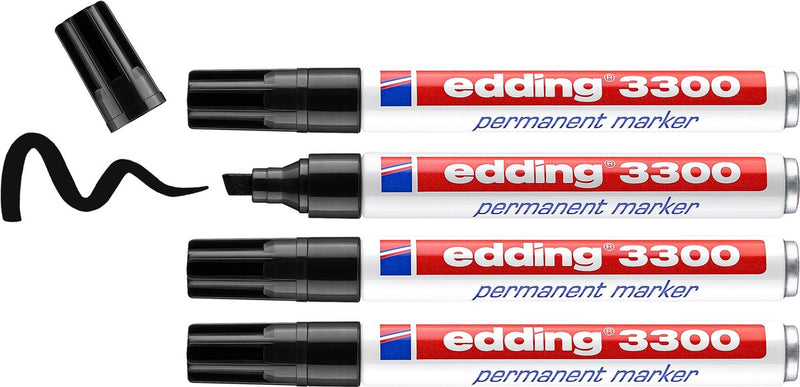 Pennarello indelebile Edding 3300 - nero - 4 pennarelli - punta a scalpello 1-5 mm - resistente all'acqua e all'abrasione - per cartone, plastica, legno, metallo, ecc. - pennarelli ad alcool per adulti