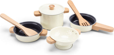 Woet ® metal pan set white - 7-piece set with colander and wooden cooking utensils - toy kitchen set - toy kitchen accessories for children - role play kitchen toys - from 2 years