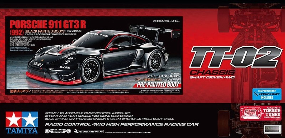 Tamiya modelbouwpakket auto - 47512 rc auto - porsche 911 gt3 r (992) - tt-02 - voorgelakte carrosserie rc plastic - 1:10 - modelbouw