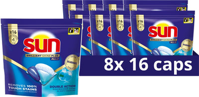 Sun - dishwasher tablets - brilliant shine plus - all-in 1 - 128 capsules - value pack