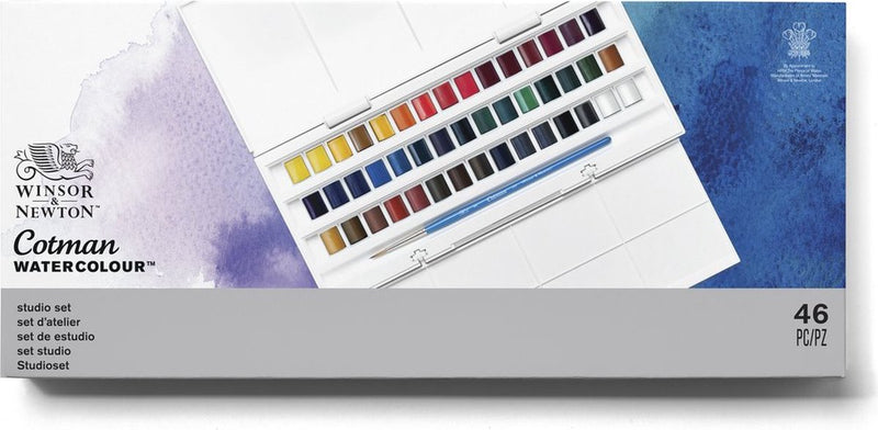 Winsor Newton 0390471 Cotman Studio Set di colori ad acquerello - 45 mezze padelle - Tavolozza completa di 40 colori con tavolozze di miscelazione con pennello