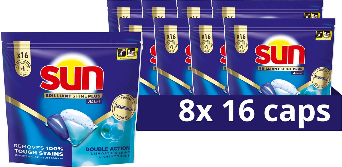 Sun - vaatwastabletten - brilliant shine plus - all-in 1 - 128 capsules - voordeelverpakking