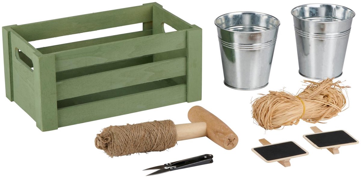 Kinzo tuingereedschap set - tuinierset met houten tuinkist en 2 metalen plantenpotten - tuinaccessoires set voor planten verzorging - kweekset planten met plantlabels set - groen