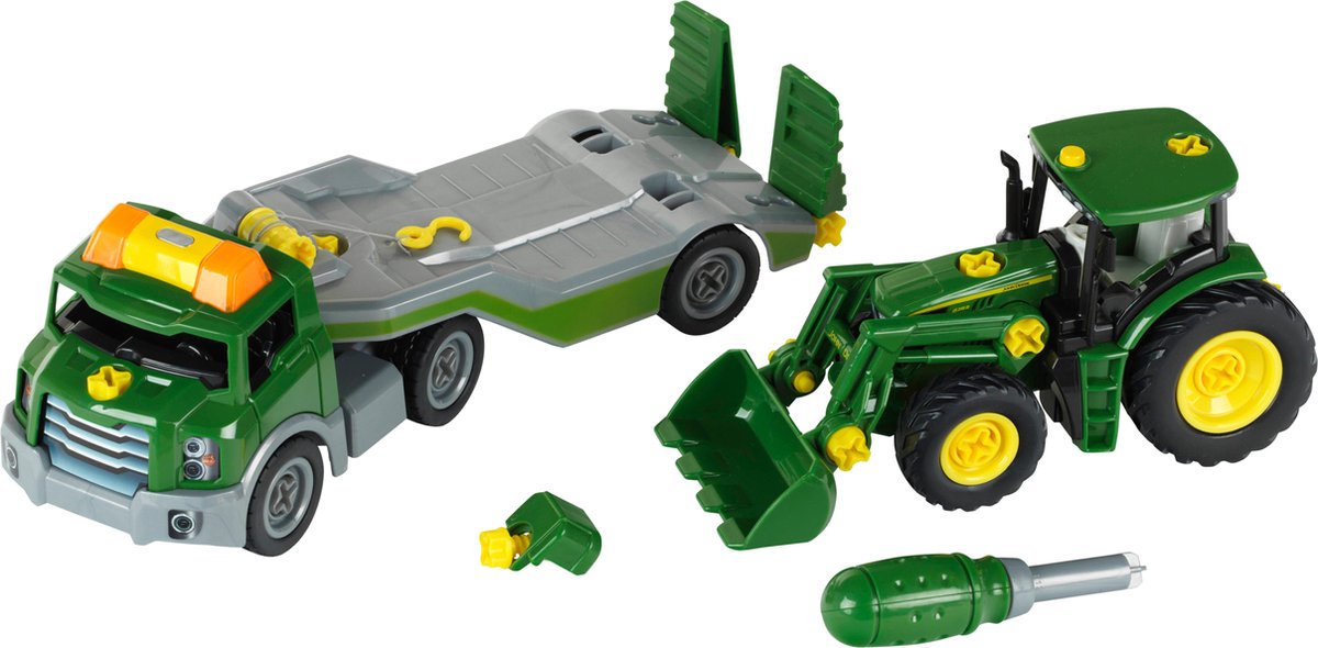 Klein Toys Vagón de transporte John Deere con tractor - 1:24 - incl. efectos de luz y sonido - verde amarillo
