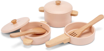 Set di pentole in legno Woet ® rosa - set da 7 pezzi con utensili da cucina - set da cucina giocattolo - accessori da cucina giocattolo per bambini - giocattoli da cucina per giochi di ruolo - da 2 anni