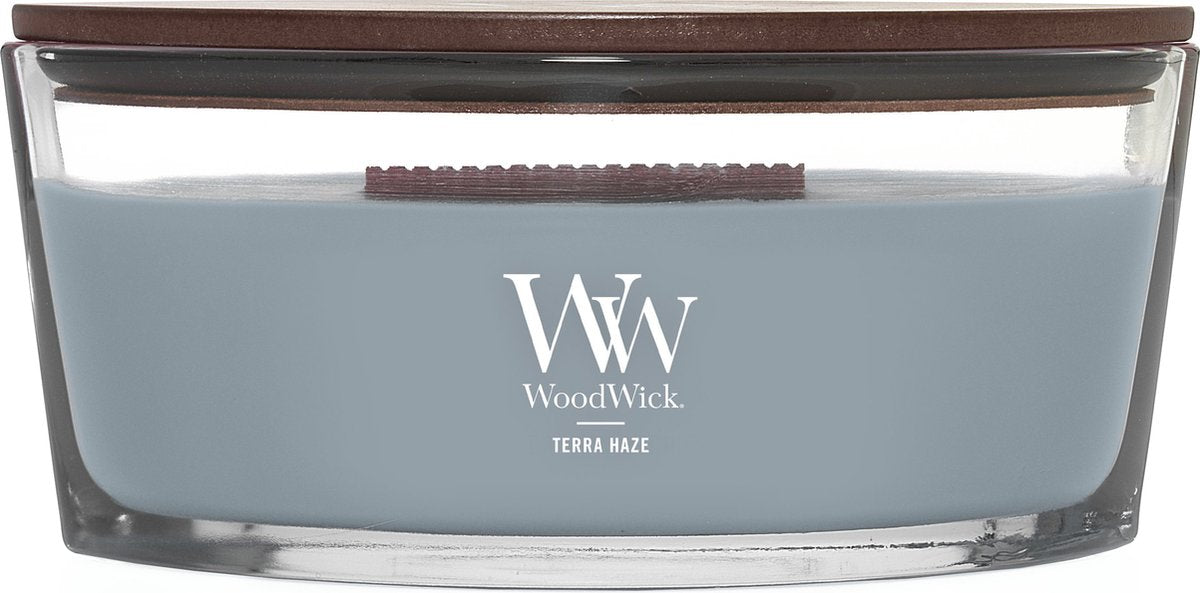 Vela perfumada Woodwick Heartwick Flame Ellipse - Terra Haze - 50 horas de combustión