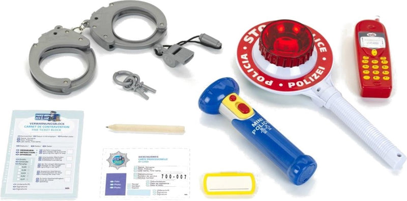 Klein Toys Juego de policía de 10 piezas: esposas con llave, teléfono móvil de juguete, silbato, pala policial con luz intermitente y linterna, rojo, blanco y azul