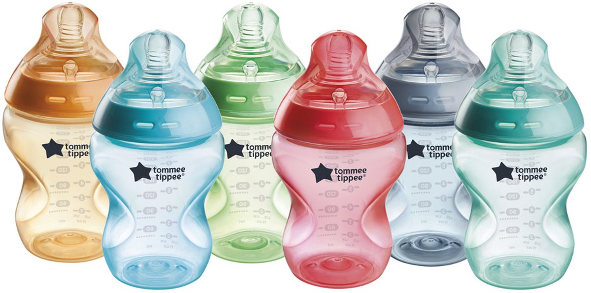 Tommee tippee biberones natural start, juego de 6 biberones de 260 ml - velocidad de suministro baja 0 m+ - colorido