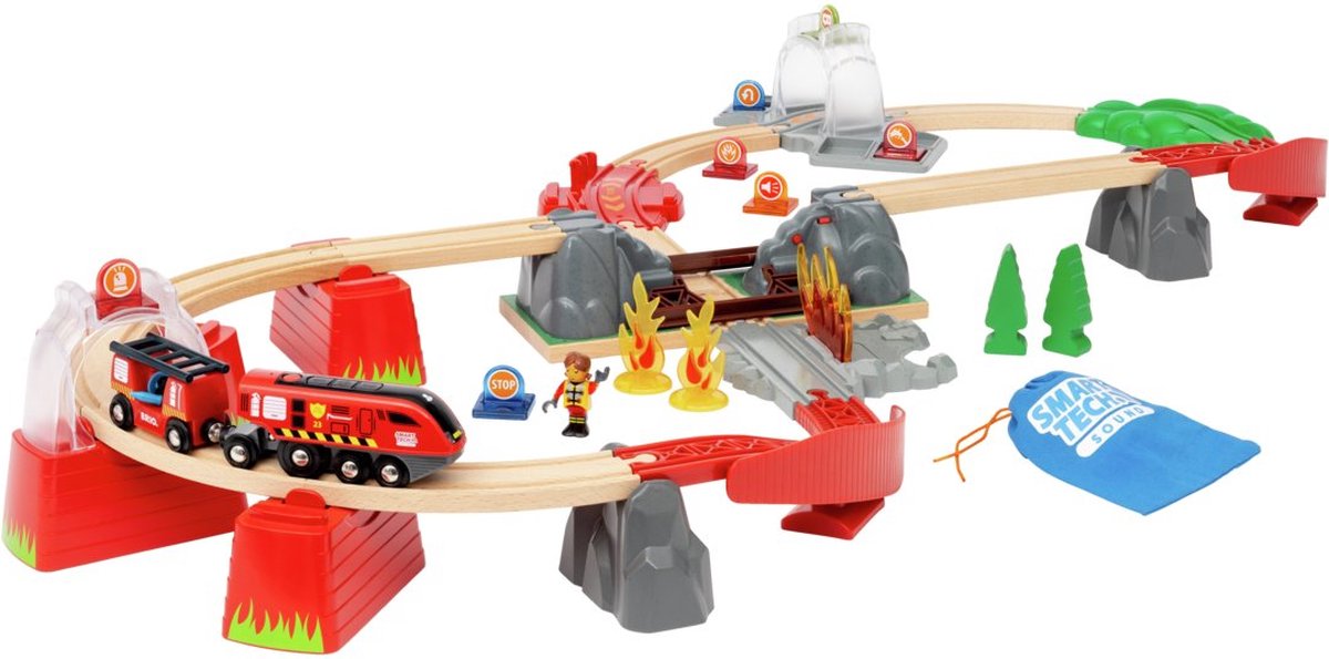 Mondo Brio - 36004 set vigili del fuoco smart tech sound | Set trenino a batteria da 41 pezzi per bambini dai 3 anni in su