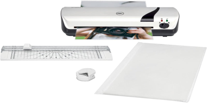 Plastificadora Gbc inspire+ - blanco - a4 - 25 micras con kit de hobby, incl. 1 redondeadora de esquinas, 1 máquina cortadora de rollos de papel y un paquete inicial con 5 bolsas plastificadoras A4.