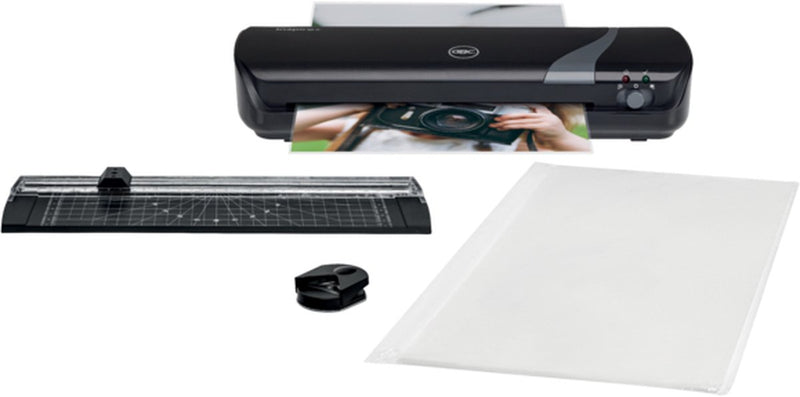 Plastificadora gbc inspire+ - negro - a4 - 125 micras con kit de hobby, incl. 1x redondeadora de esquinas, 1x máquina cortadora de rollos de papel y un paquete inicial con 5x bolsas plastificadoras A4
