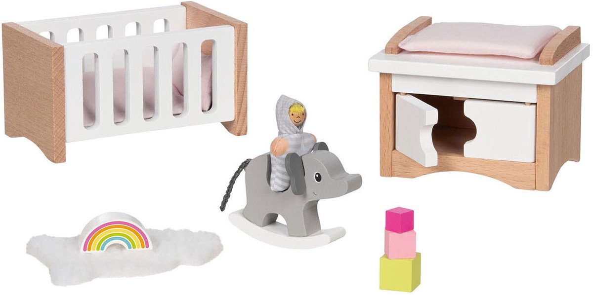 Goki poppenhuismeubeltjes: design kinderkamer, 12-delig, 10,2x6x5,5cm (bed), beukenhout en stof, 3+