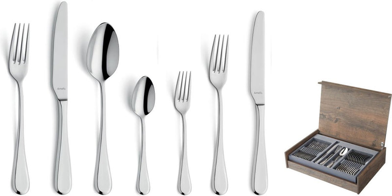 Amefa drift - 84 piezas para 12 personas - juego de cubiertos con caja de madera de lujo - plata - acero inoxidable - apto para lavavajillas - 18 10 - 12 personas