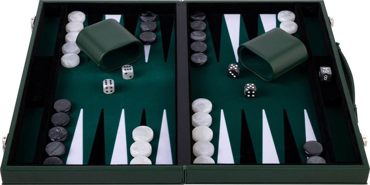 Longfield backgammon 15 inch - groen, zwart wit ingelegd bord - luxe groene koffer met handvat - engelhart