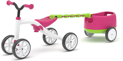Chillafish Balance Bike 1 anno con rimorchio per ragazzi e ragazze - quattro ruote fino a 3 anni con vano portaoggetti - rosa - Balance Car leggera - extra stabile - pneumatici antiscivolo silenziosi per interni ed esterni - modello di rimorchio quadie