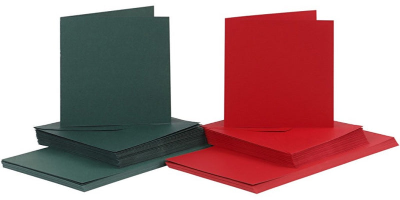 Tarjetas y sobres de empresa Creativ, tamaño tarjeta 15x15 cm, tamaño sobre 16x16 cm, 110+230 gr, verde, rojo, 50 set 1 caja