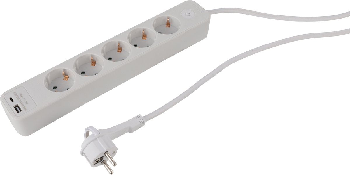 Q-link stekkerdoos - 5-voudig - randaarde - met platte stekker - usb a c - 3 x 1.5 mmâ² - 1.5 m - wit
