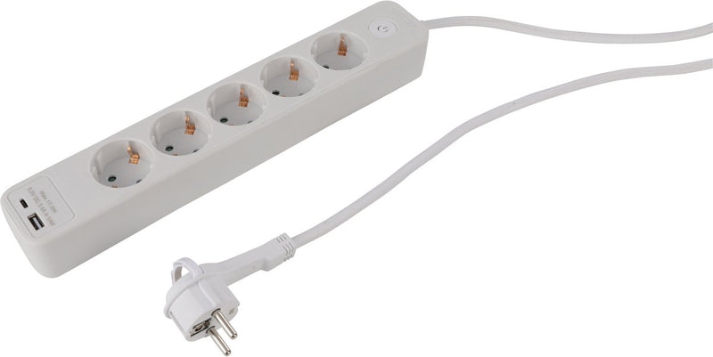 Multipresa Q-link - 5 prese - con terra - con spina piatta - USB A-C - 3 x 1,5 mmâ² - 1,5 m - bianco
