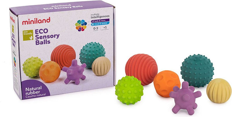 Miniland ml preescolar eco: pelotas de goma diam.7cm, pelotas sensoriales de caucho natural, 6 piezas, caja 15x22x9cm, 0+