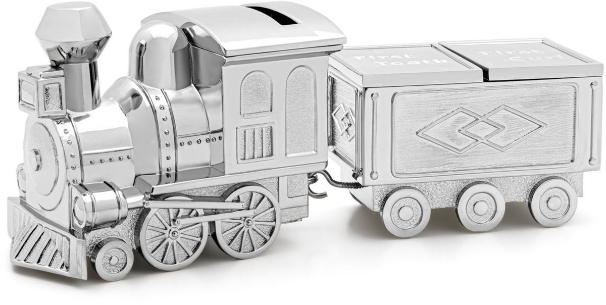 Zilverstad - spaarpot haarlok- tandendoosje locomotief en wagon