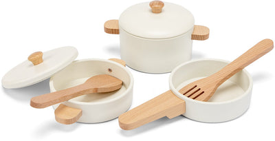 Set di pentole in legno Woet ® bianco - set da 7 pezzi con utensili da cucina - set da cucina giocattolo - accessori da cucina giocattolo per bambini - giocattoli da cucina per giochi di ruolo - da 2 anni