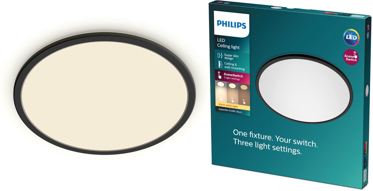 Plafoniera LED Philips super sottile Philips - nera - grande - luce bianca calda - 18 W