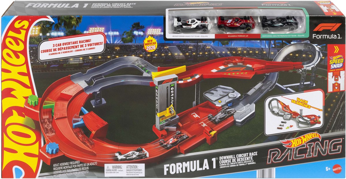 Set pista da corsa Hot Wheels Racing Formula 1 in discesa con 3 auto F1 in metallo