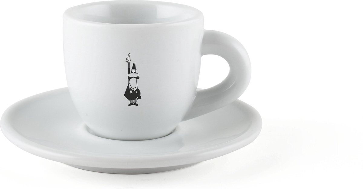 Bialetti moka espressokop met schotel – 80 ml – wit porselein – espresso kopje met logo